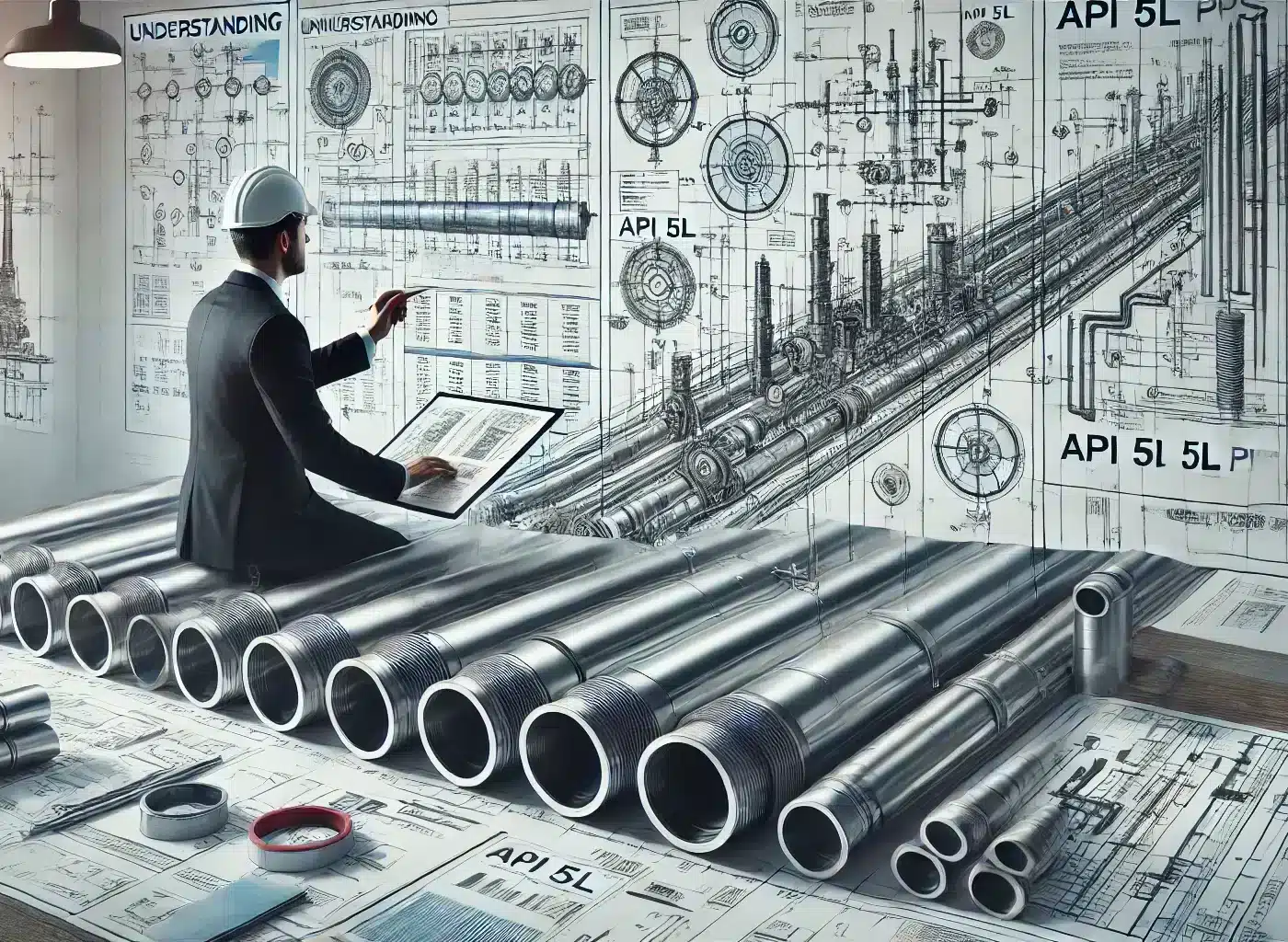 Technical review of API 5L pipe specifications, featuring diagrams, charts, and industry-standard symbols in a professional environment, highlighting the precision and reliability required in the oil and gas industry.