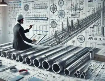 Technical review of API 5L pipe specifications, featuring diagrams, charts, and industry-standard symbols in a professional environment, highlighting the precision and reliability required in the oil and gas industry.