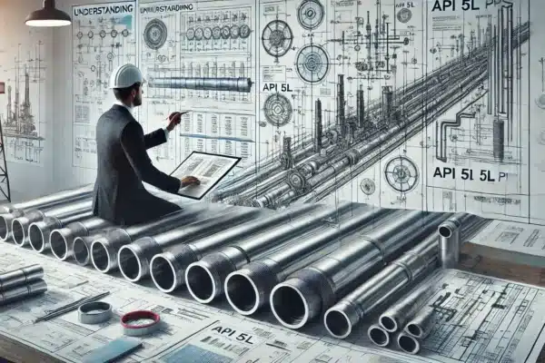 Technical review of API 5L pipe specifications, featuring diagrams, charts, and industry-standard symbols in a professional environment, highlighting the precision and reliability required in the oil and gas industry.