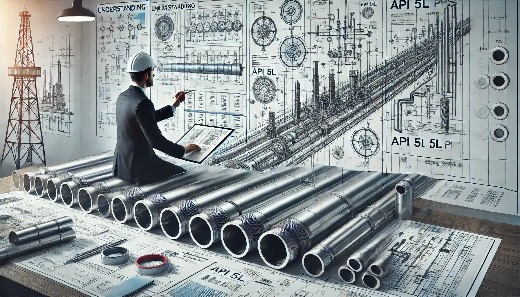 Technical review of API 5L pipe specifications, featuring diagrams, charts, and industry-standard symbols in a professional environment, highlighting the precision and reliability required in the oil and gas industry.