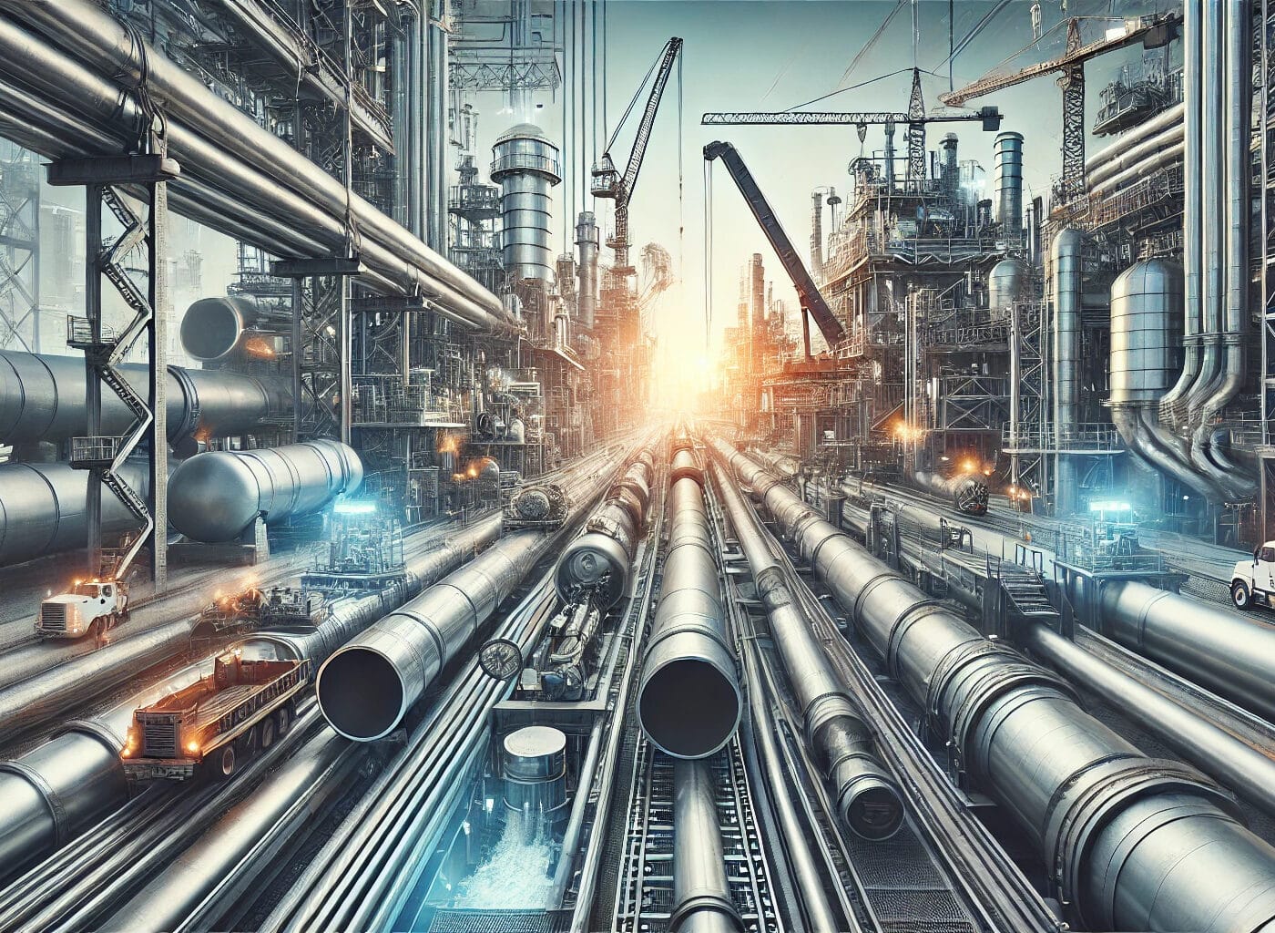 Industrial applications of steel pipes showcasing their versatility and efficiency in construction, oil and gas, and water treatment projects. The image highlights the robust and durable nature of steel pipes integrated into various industrial environments.