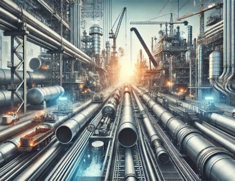 Industrial applications of steel pipes showcasing their versatility and efficiency in construction, oil and gas, and water treatment projects. The image highlights the robust and durable nature of steel pipes integrated into various industrial environments.