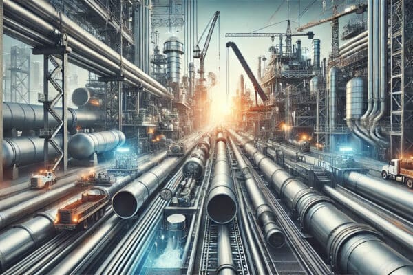 Industrial applications of steel pipes showcasing their versatility and efficiency in construction, oil and gas, and water treatment projects. The image highlights the robust and durable nature of steel pipes integrated into various industrial environments.