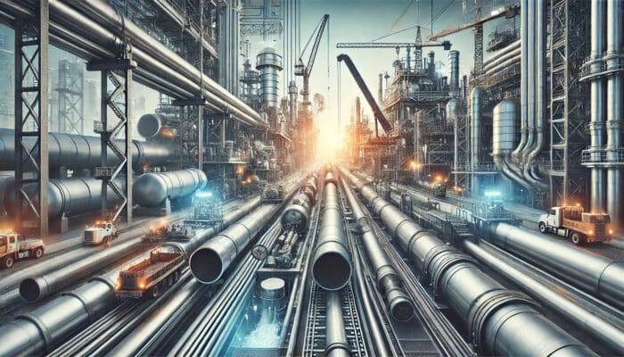 Industrial applications of steel pipes showcasing their versatility and efficiency in construction, oil and gas, and water treatment projects. The image highlights the robust and durable nature of steel pipes integrated into various industrial environments.