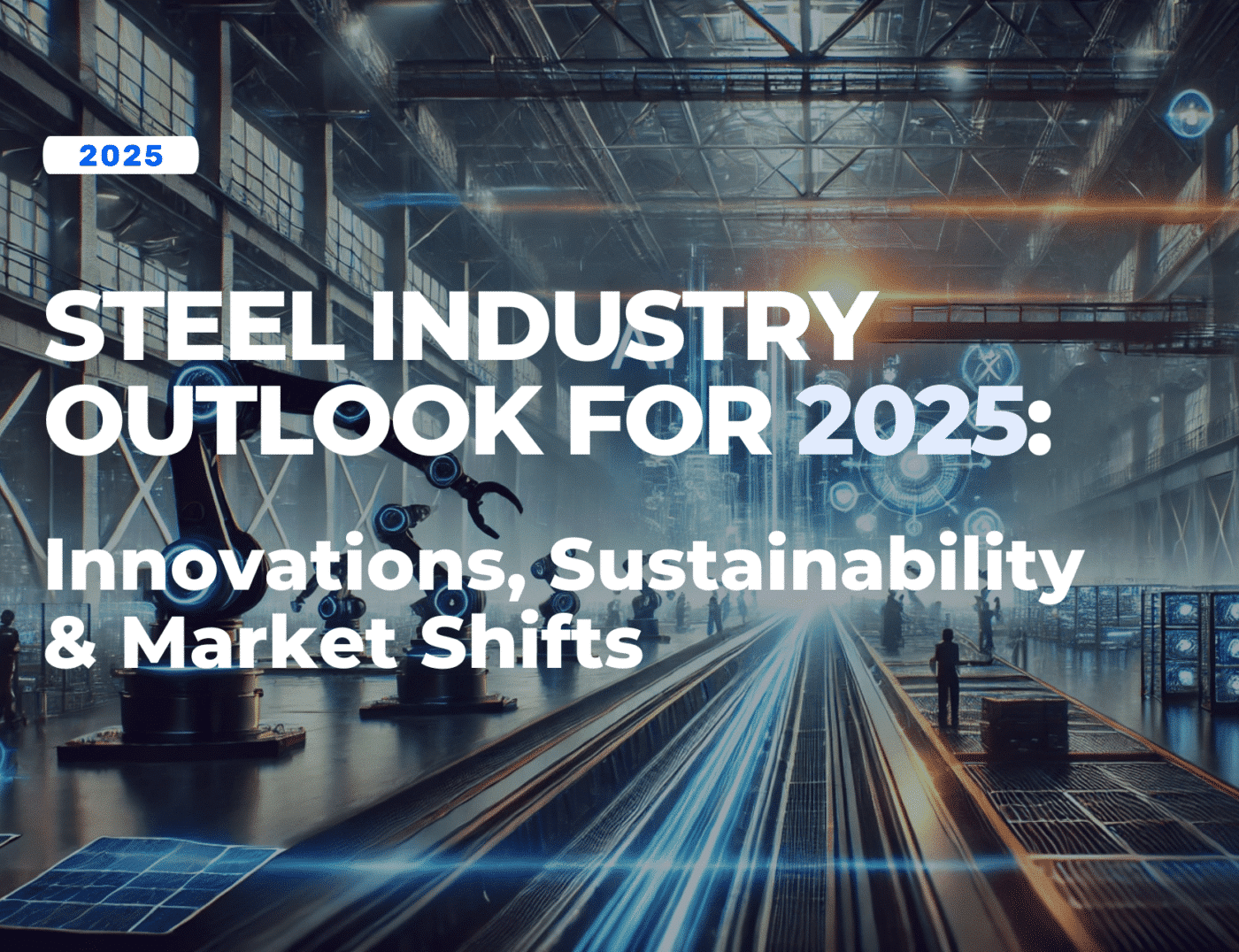 A futuristic steel manufacturing plant showcasing AI-driven automation and sustainable production methods.