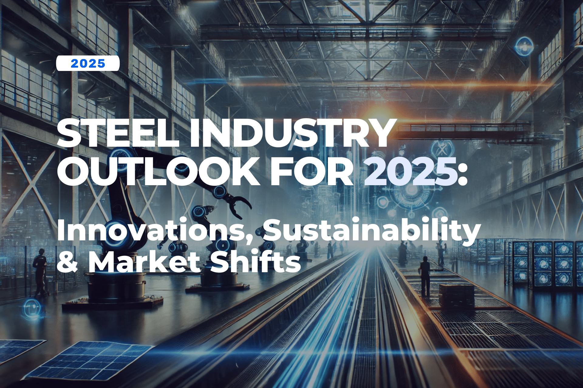 A futuristic steel manufacturing plant showcasing AI-driven automation and sustainable production methods.